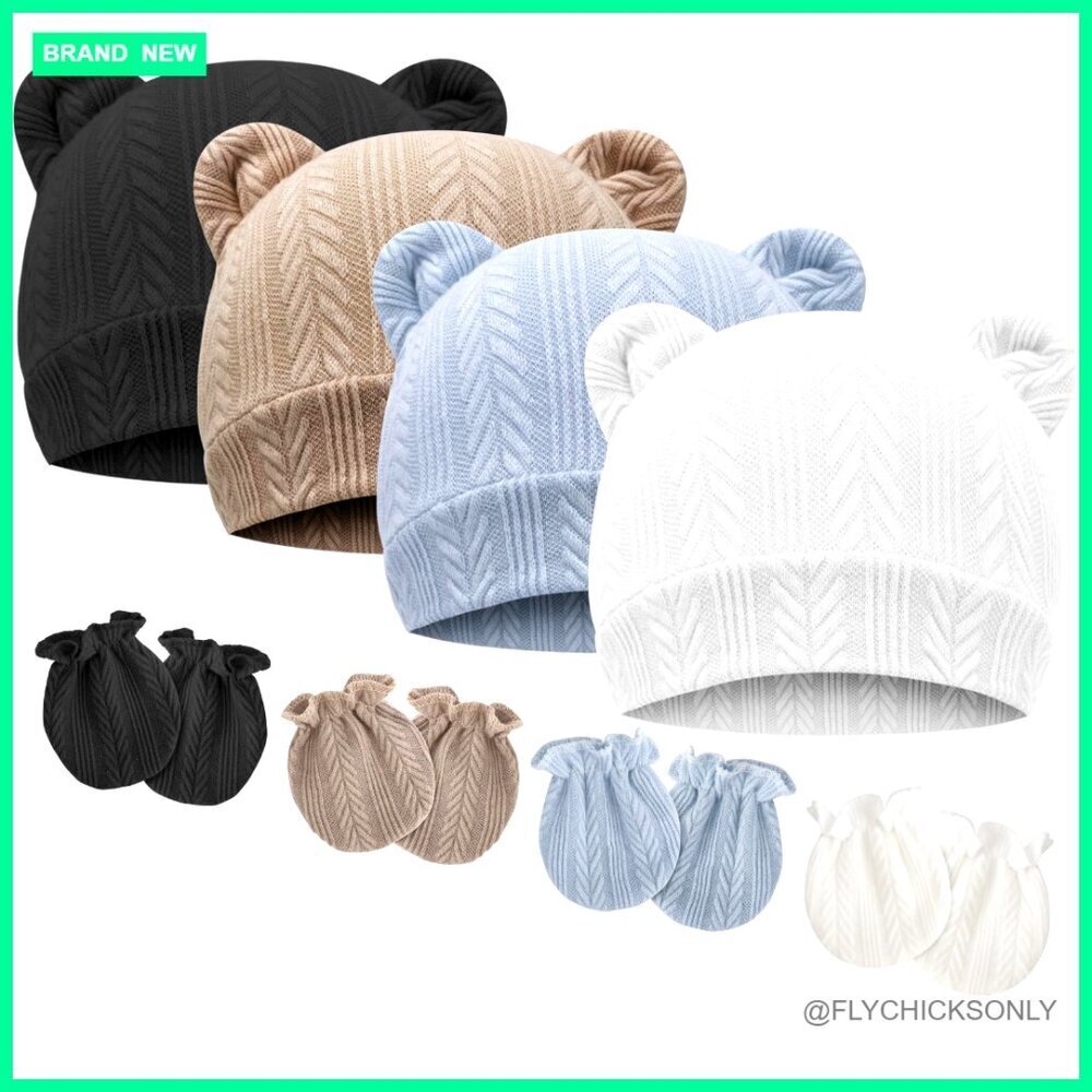 Newborn Bear Ear Hat & Mittens Set 0-3 Months Soft Polyester Spandex